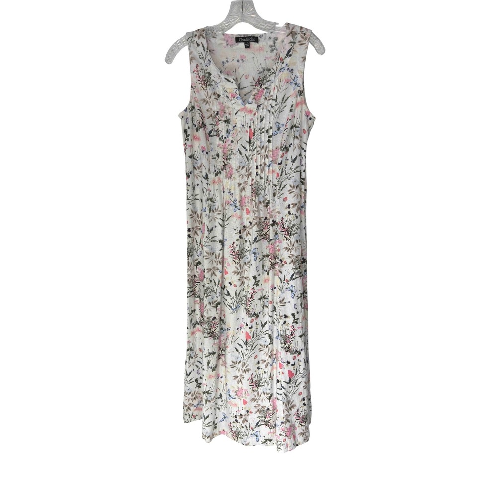 Chadwicks Maxi Dress White Floral Print‎ Linen Blend Pleated Cottage Small
